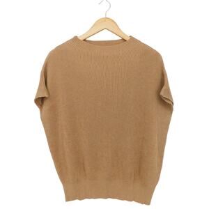 Liviana Conti Tan Mock Neck Short Sleeve Ribbed Knit Blouse Top Size Medium